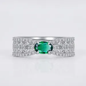 Anillo de Plata de Ley 925 con Esmeralda Ovalada Citrino Rosa Strass para Mujer Diseño de Hoja Hueca Joyería de Moda