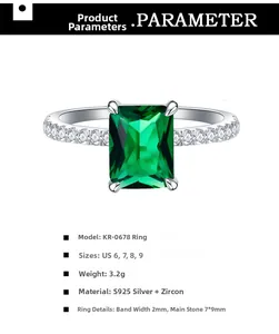 Macro detail of 925 sterling silver ring featuring 7x9mm emerald cut green zircon stone