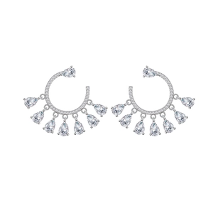 Elegant S925 silver C-shaped drop earrings with pear-cut crystals and pavé diamonds