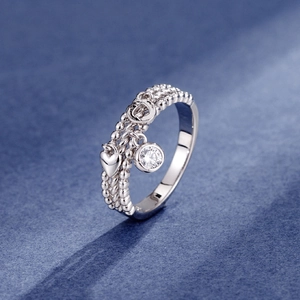 Three-layer silver beaded chain ring with polished heart and sparkling zircon charms