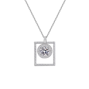 Elegant S925 sterling silver spinning necklace with round moissanite in square frame