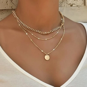 Layered Alloy Disc Pendant Necklace For Women Gold Silver Plated Chain Choker Minimalist Bohemian Jewelry Triple Layered
