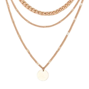 Multilayer rose gold layered chain necklace with round pendant and flat link design