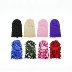 Distressed Fringed Knit Balaclava For Men Women Winter Warm Outdoor Ski Mask Windproof Jacquard Acrylic Beanie Mask Hat
