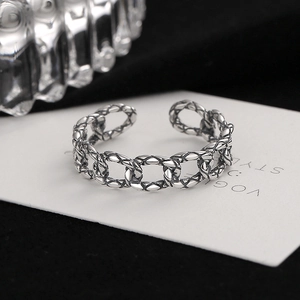 Vintage 925 Sterling Silver Chain Ring For Women Retro Oxidized Thai Silver Open Adjustable Minimalist Finger Ring Jewelry
