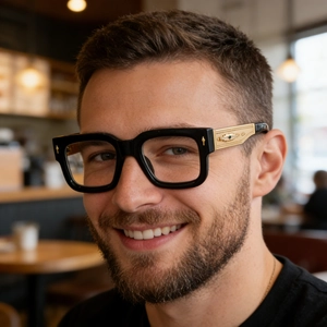 Détails de lunettes noires carrées avec branches dorées gravées et pierres précieuses