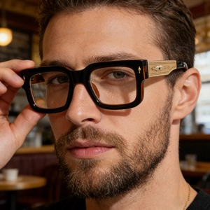 Détail des lunettes carrées montrant la gravure dorée et l'émail vert sur la branche