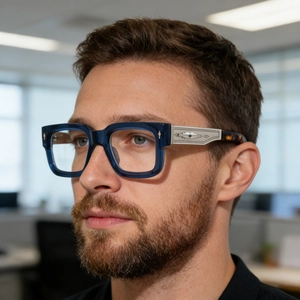 Détail de lunettes carrées avec monture bleue et branches en métal argenté ciselé