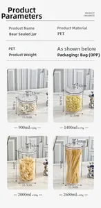 Size guide for clear PET airtight jars with silver bear handles and 900ml-2600ml capacities
