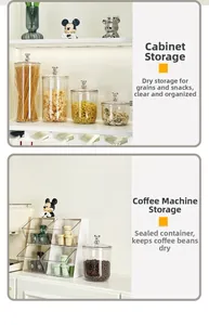 Detailed view of clear storage jars with silver bear lid used in kitchen cabinets