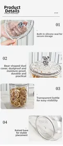 Detail view of transparent food storage jar with silver bear lid and silicone seal ring