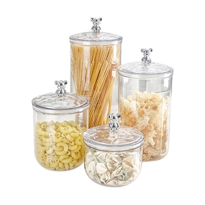 Transparent airtight food storage jars set with cute silver bear handles for kitchen