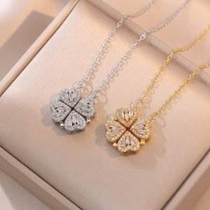 Magnetic Folding Four Leaf Clover Pendant Necklace Stainless Steel Micro Inlaid Zirconia Heart Shape Clavicle Chain Jewelry For Women
