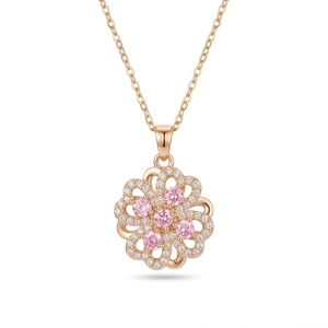 Rotating rose gold heart flower pendant necklace with pink zircons and crystal pavé details
