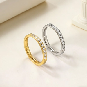 Minimalist Gold Silver Plated Stainless Steel Zirconia Half Eternity Ring For Women Fashion Jewelry Finger Band Ring