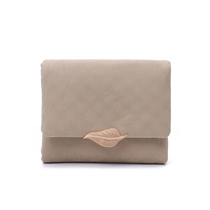 Detailed view of women short wallet with leaf metal clasp and matte khaki PU leather finish