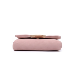Detailed bottom-side view of pink PU leather wallet with metallic buckle and stitching