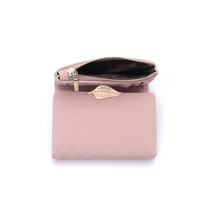 Pink PU leather short wallet for women featuring a golden leaf clasp and multiple card slots