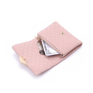 Short pink PU leather wallet for women with leaf buckle and internal coin pocket
