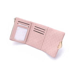 Pale pink PU leather wallet for women with leaf buckle and multiple card slots