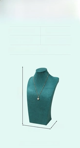 Detail view of 34.5cm green velvet necklace bust stand with full product dimensions