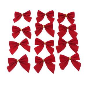 Set of 12 red velvet Christmas tree bows with gold twist ties for holiday decorations