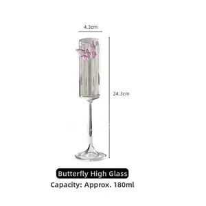 Detail view of 180ml borosilicate glass champagne flute with 3D pink butterfly decor