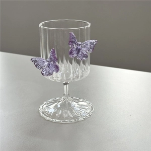 Detail of high borosilicate glass flute with vertical ribs and purple butterfly accents
