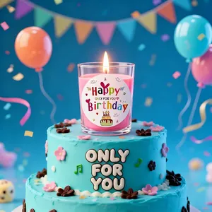 Pink Happy Birthday glass candle jar on a blue festive cake for party celebrations