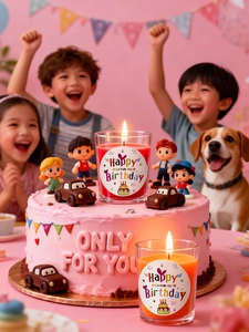 Detailed view of Happy Birthday glass candles beside a pink cream cake in party setting