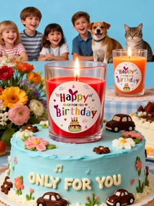 Scented candles in glass jars with Happy Birthday labels at a kids birthday party
