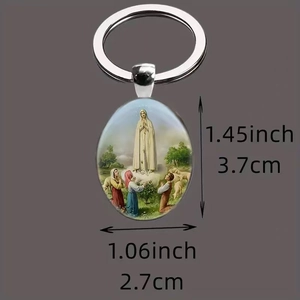 Religious Our Lady of Fatima oval metal keychain with detailed size measurements