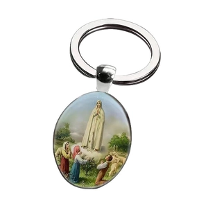 Classic silver key chain featuring Our Lady of Fatima oval colorful religious pendant