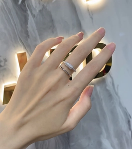 Detail of double-layer silver ring with micro-pave crystals on female hand