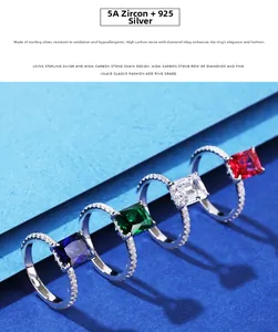Detailed close-up of S925 sterling silver four-prong emerald cut rings in vibrant colors