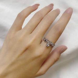 Three-layer silver beaded chain ring for women with dangling cubic zirconia charms