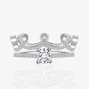 Bague Couronne en Argent Sterling 925 Double Empilable Zirconia Fiançailles Mariage Élégant Bijoux Vintage pour Femme Cadeau