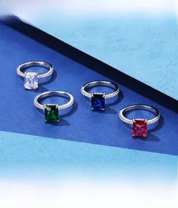 Detailed macro view of S925 silver rings with square cut stones and micro-pave setting