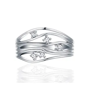 S925 Sterling Silver Wave Layered Open Ring For Women Minimalist Zirconia Inlaid Adjustable Fashion Finger Ring Jewelry