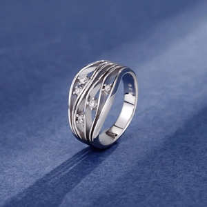 Minimalist S925 sterling silver multi-layer wave ring with cubic zirconia stones