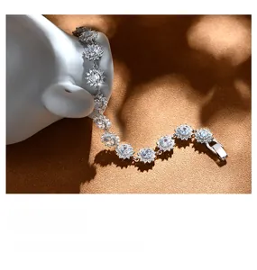 Detail of luxury S925 sterling silver sunflower bracelet with full cubic zirconia stones