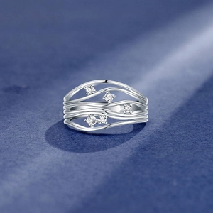 Minimalist S925 sterling silver wavy layered ring with five sparkling zircon stones