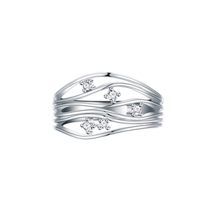 S925 sterling silver layered wave ring featuring five sparkling round-cut clear gemstones