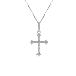 Elegant 925 sterling silver cross necklace with sparkling cubic zirconia on white background