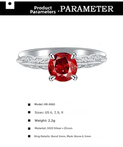 Detailed view of S925 silver ring featuring 6.5mm red zircon and hollow leaf design