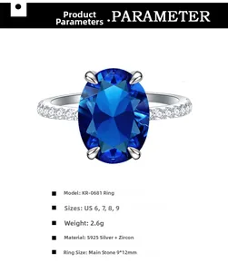 Detail view of oval 9x12mm dark blue gemstone ring with S925 silver pave band