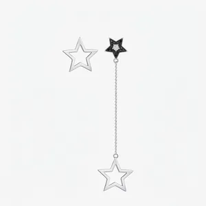 925 Sterling Silver Asymmetric Star Tassel Earrings Minimalist Black Hollow Star Long Chain Stud Earrings For Women Jewelry