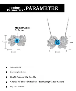 Detailed size parameters of 925 silver butterfly necklace and ring set with blue stones