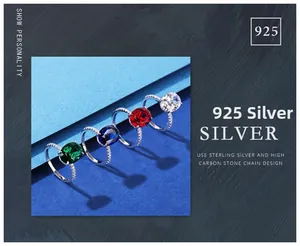 Detailed view of S925 sterling silver rings with emerald, sapphire, and ruby high carbon gems