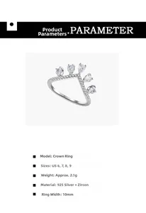 Detailed view of S925 sterling silver crown ring with teardrop zircons and product specs